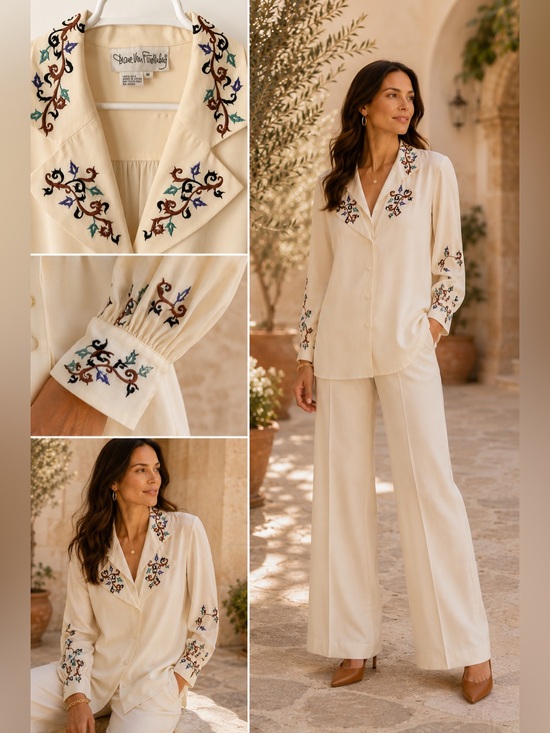 Diane Von Furstenberg Tops - 100% Silk Diane von Furstenberg Vine Embroidered Button Down Blouse in Cream
